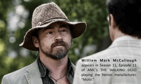 William Mark McCullough in a wide-brimmed brown hat and gray blazer appears as Moto, a heroin manufacturer, facing another character in a scene from Season 11, Episode 11 of The Walking Dead.